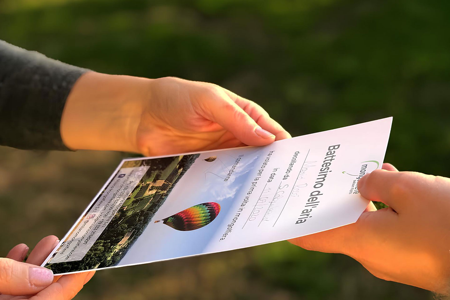 Programma della giornata volo in mongolfiera, certificato di battesimo